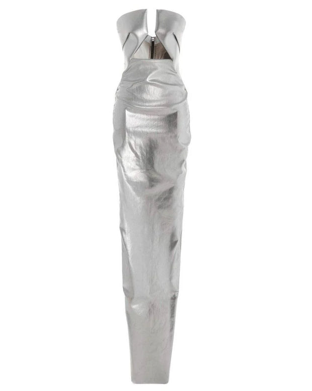 silver rick owens dress RICK OWENS Denim Bustier Mini Dress Aluminum Silver Coated 42 $1105